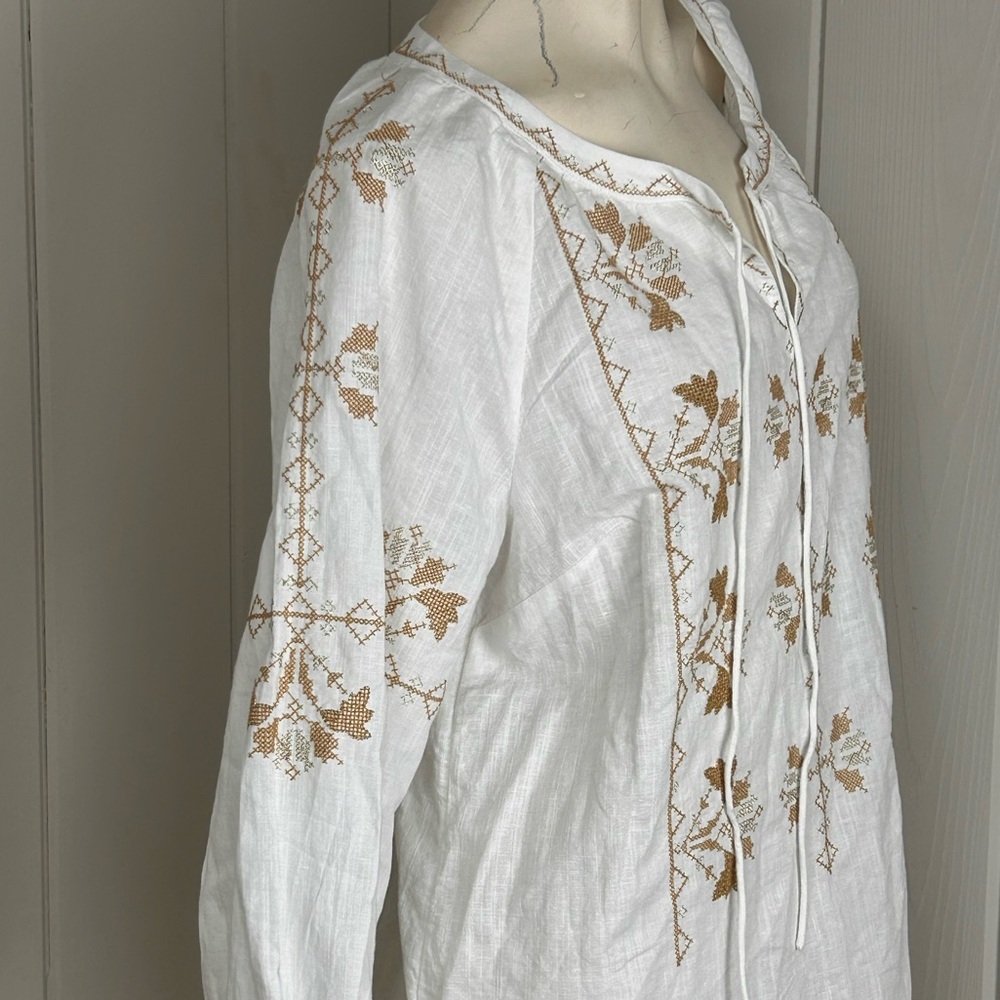 Talbots White Linen Blend Embroidered Tunic Top Boho Peasant Blouse Large - Picture 5 of 10